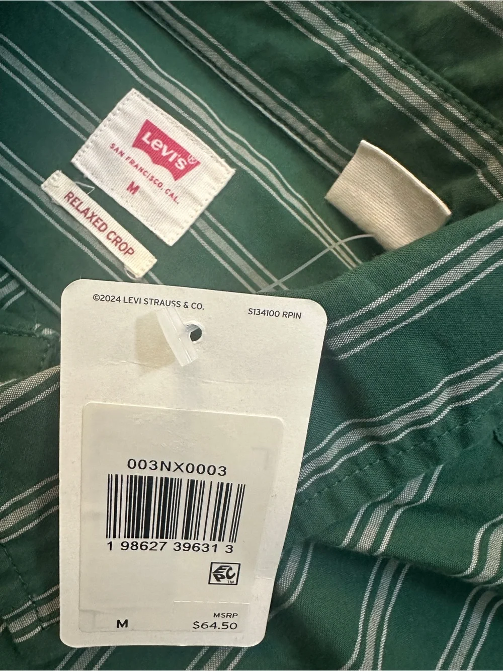 Levi's Relaxed Crop Casual Formal Button-Down Shirt Men’s Sz M Striped Green